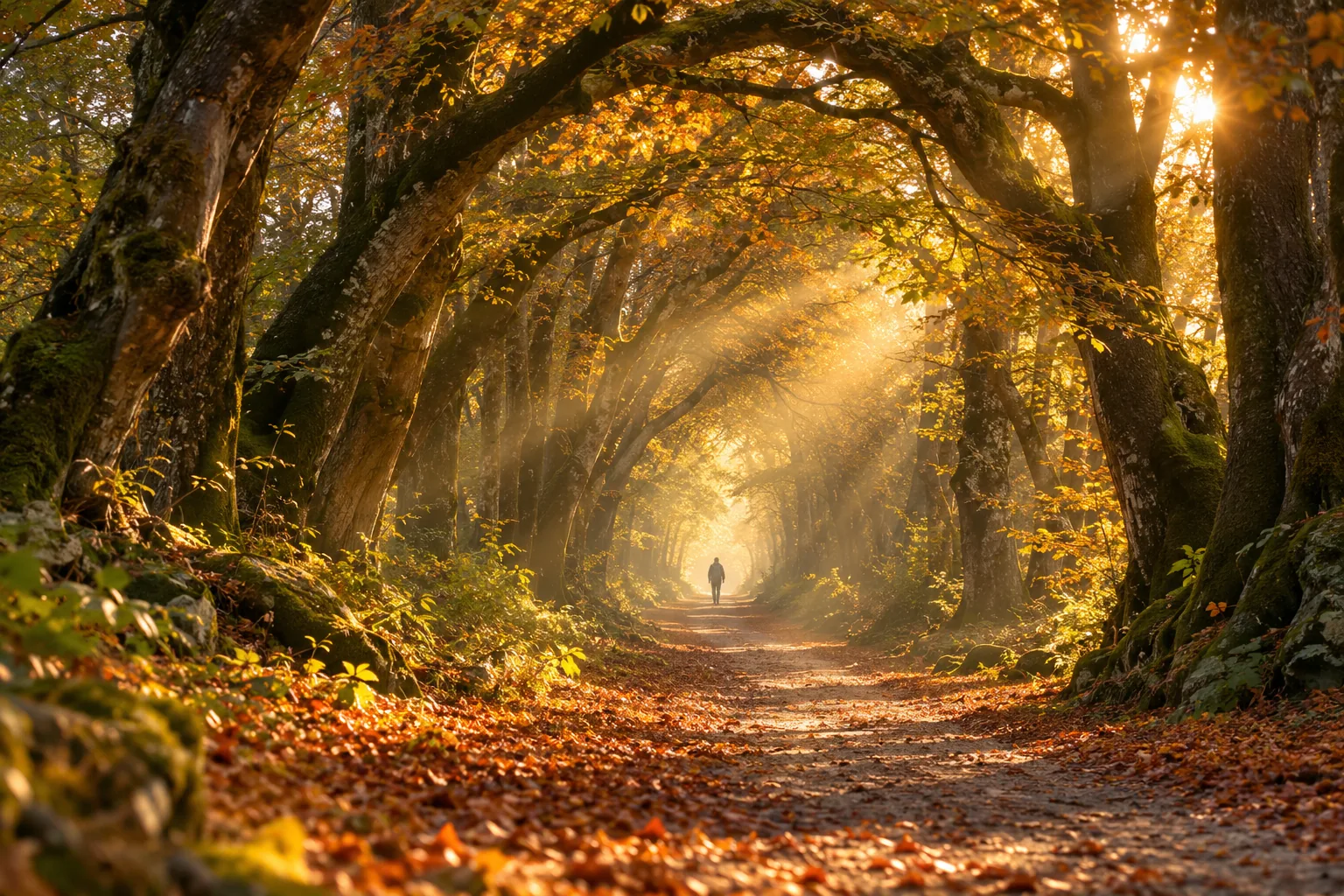 Waldweg im goldenen Licht, die Bäume bilden einen Tunnel, in der Ferne geht ein Mensch